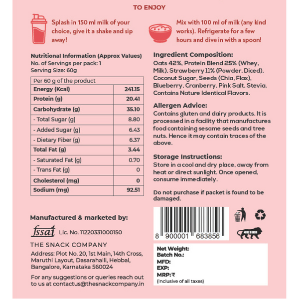 Back of a protein powder package from The Snack Company with nutritional information and ingredients listed.